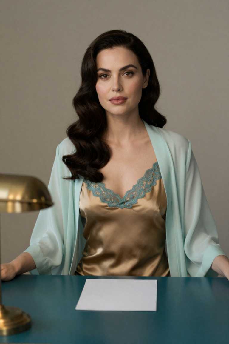 Chuhai163 muse in antique-gold silk slip dress with mint robe seated at a teal desk with a brass lamp